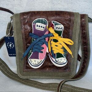 Canvas Crossbody Messenger Bag Sneaker Appliqué Olive Brown Y2K 2000s Purse
